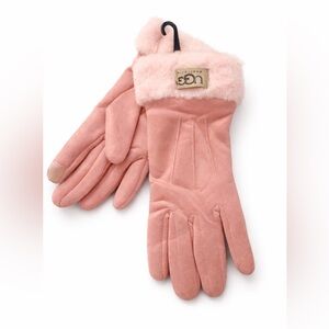 UGG Women's Pink Suede Faux-Fur Cuff Touchscreen Gloves
